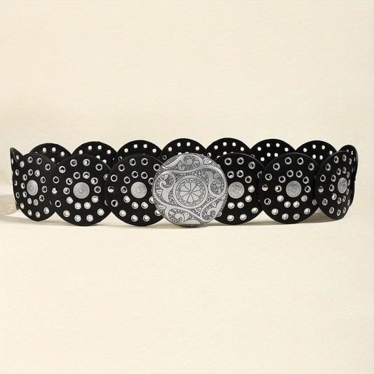 Women's Y2K Vintage Style Wide Waist Belt Black Faux Leather Disc Linked Grommet Studded with Engraved Western Buckle for Jeans and Festivals