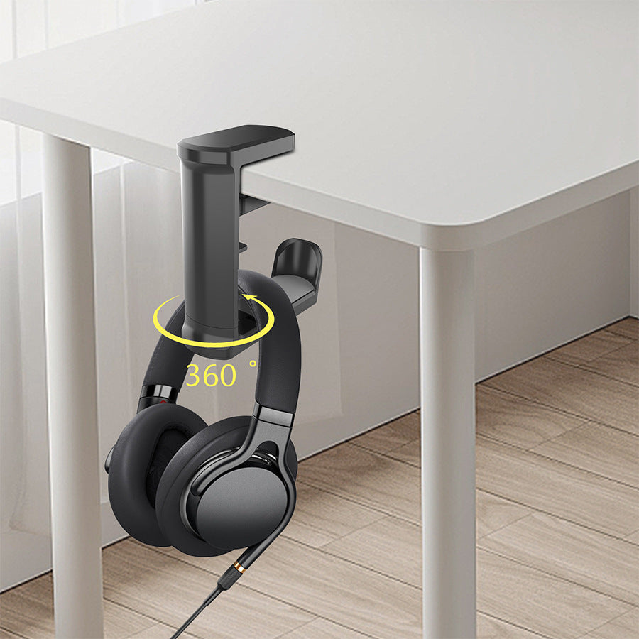 White Under Desk Headphone Hanger Clamp 360 Degree Rotating - Adjustable Headset Holder Hook with Cable Organiser for Home Office & Gaming Setup (Fits 1-5.5cm Desks)