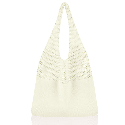 White Women's Large Mesh Beach Tote Bag Boho Crochet Shoulder Shopper Reusable Eco Grocery Net Bag for Summer Travel and Markets