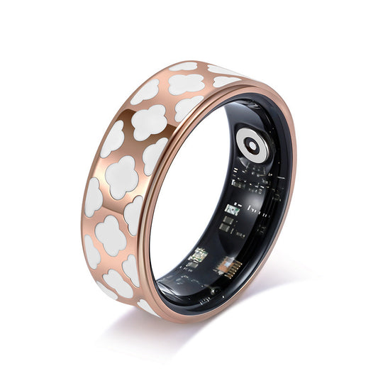 6# Striped Gold Smart Health Ring Tracker with Wireless Charging Case - Titanium Steel Fitness Wearable for Heart Rate, Sleep & Blood Oxygen Monitoring - Waterproof Wellness Device
