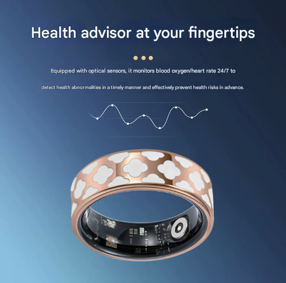 9# Striped Gold Smart Health Ring Tracker with Wireless Charging Case - Titanium Steel Fitness Wearable for Heart Rate, Sleep & Blood Oxygen Monitoring - Waterproof Wellness Device