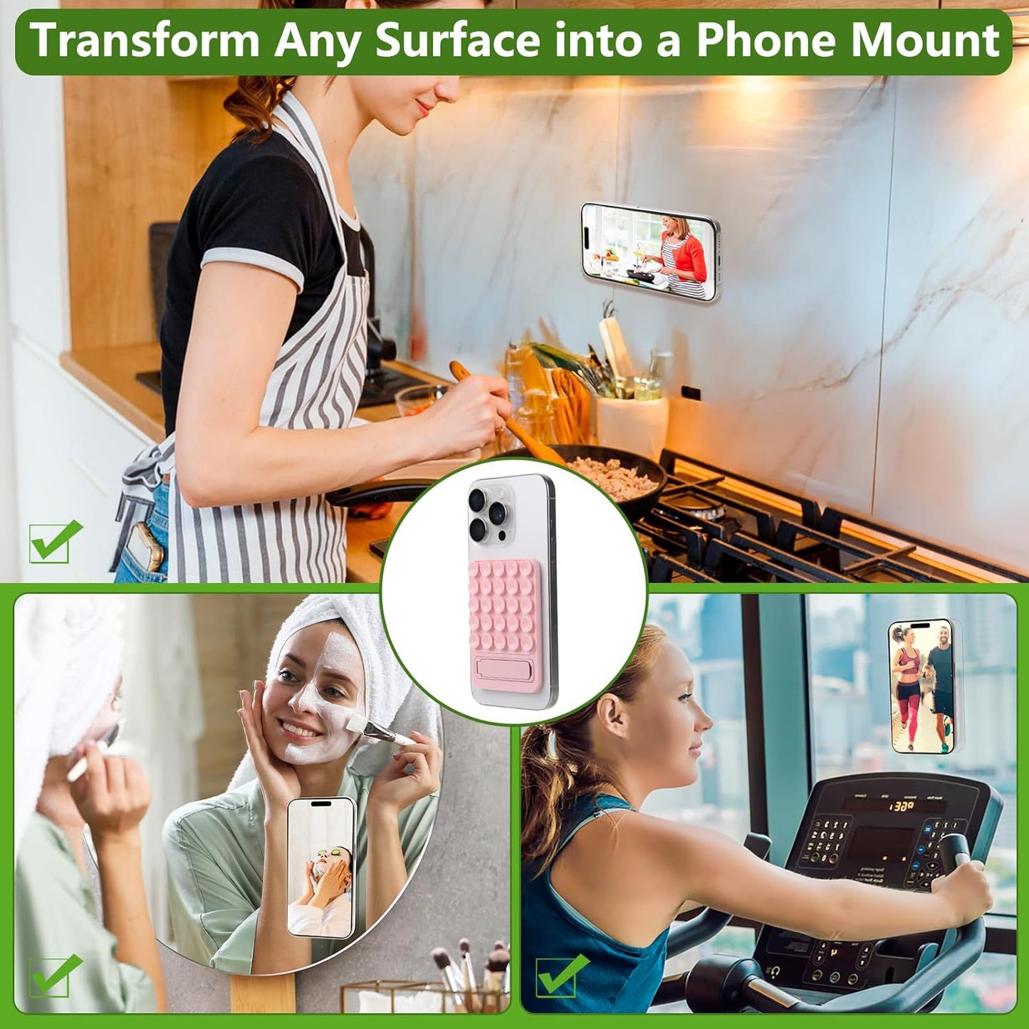 Blue 4 Pack Silicone Suction Phone Mount with Foldable Kickstand - Adhesive Sticky Grip Pad for Mirrors & Glass - 2-in-1 Hands-Free Holder for Content Creation