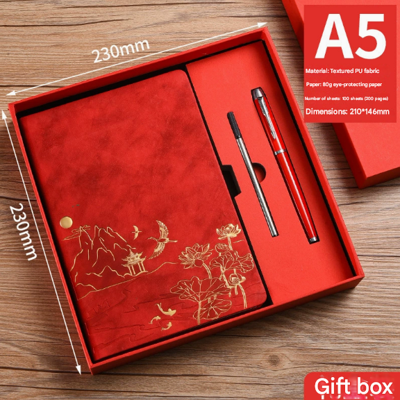 Black A5 Premium Notebook Gift Set with Pen - Red PU Leather Journal with Gold Oriental Art - 200 Pages Business Diary & Corporate Gift Box (Lotus & Crane Design)