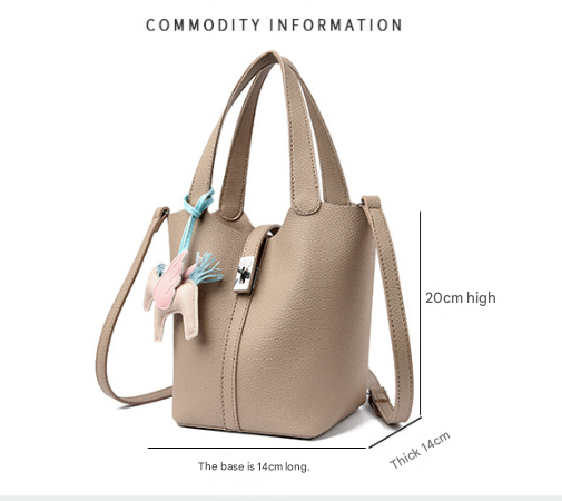 Khaki Women's Small PU Leather Bucket Bag with Secure Lock and Horse Charm - 20cm Compact Crossbody Handbag for Everyday Use