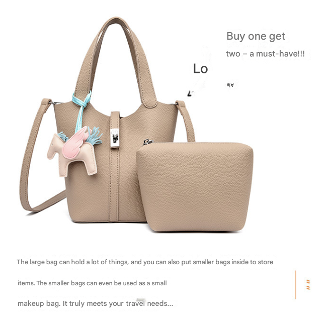 Khaki Women's Small PU Leather Bucket Bag with Secure Lock and Horse Charm - 20cm Compact Crossbody Handbag for Everyday Use