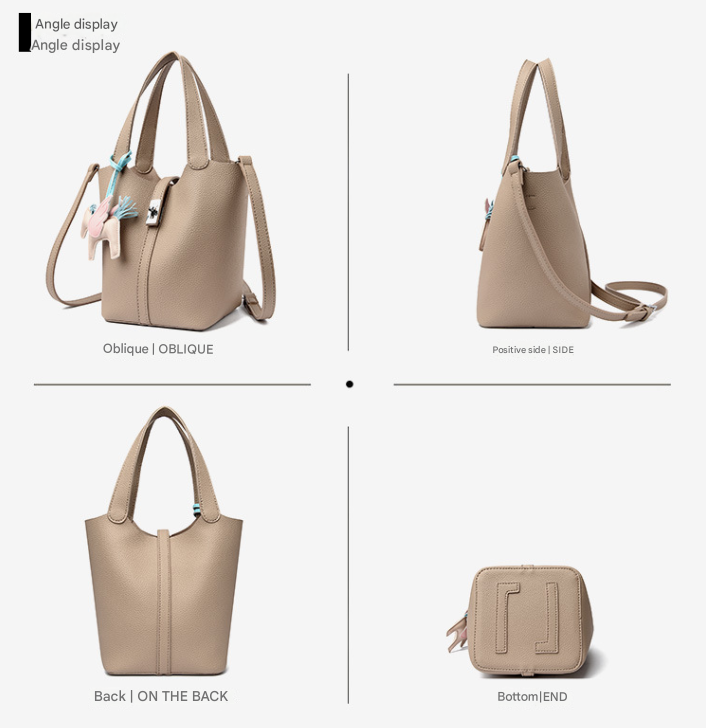 Beige Women's Small PU Leather Bucket Bag with Secure Lock and Horse Charm - 20cm Compact Crossbody Handbag for Everyday Use