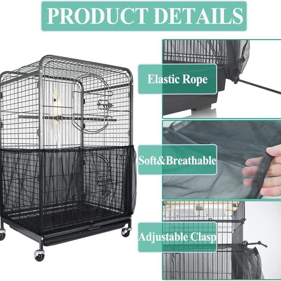 M Black【Height 20, Circumference 170】 Large Bird Cage Seed Catcher Net Cover - Adjustable Mesh Guard Splash-Proof Dust Cover for Indoor Outdoor Cages