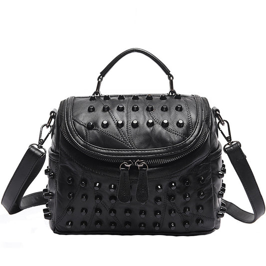 Women's Black Studded Handbag Soft PU Leather Crossbody Shoulder Bag with Rivets Trendy Box Purse 22cm for Travel Party