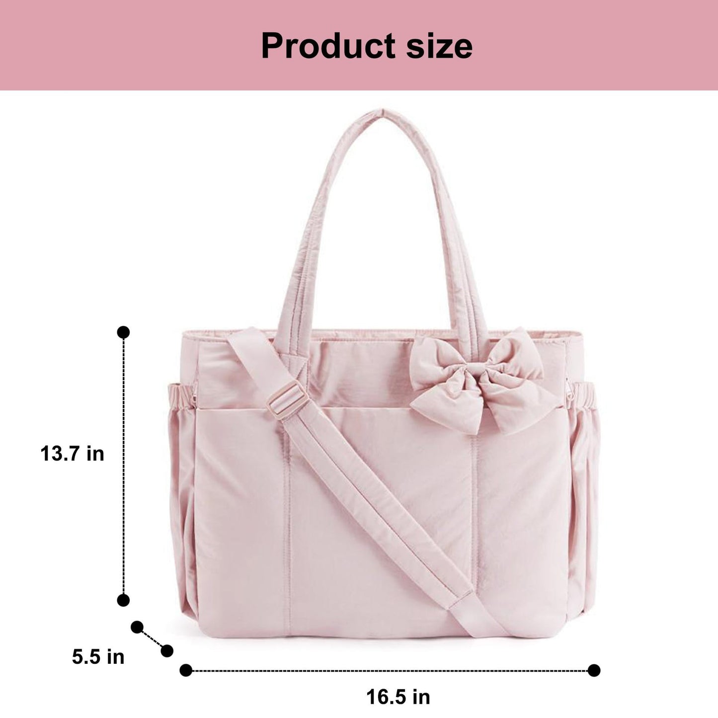 Pink Women's Quilted Puffer Tote Bag Large Capacity Lightweight Bow Handbag with Shoulder Strap 42cm for Gym Travel & Baby Care