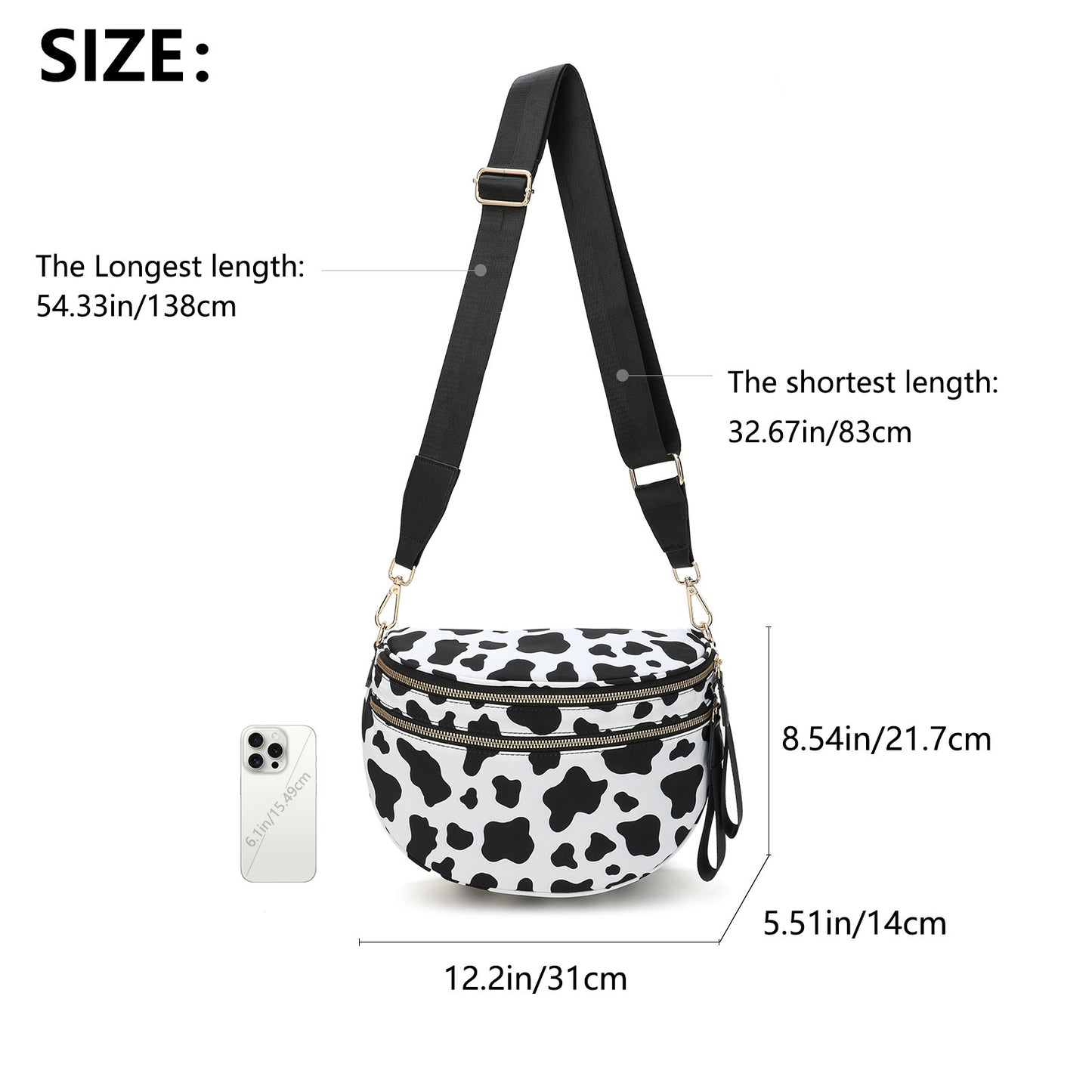 Black Women's Large Crescent Crossbody Bag Lightweight Oxford Cloth Shoulder Sling Purse Adjustable Strap for Travel Gym & Daily Use