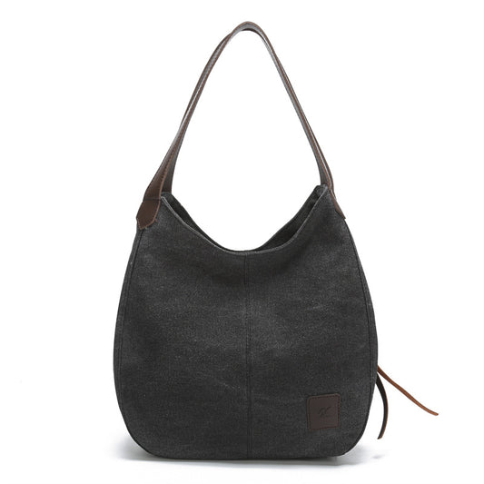 Black Women's Canvas Hobo Handbag Multi-Compartment Shoulder Tote Bag Minimalist Casual Purse 30cm for Work Shopping & Travel