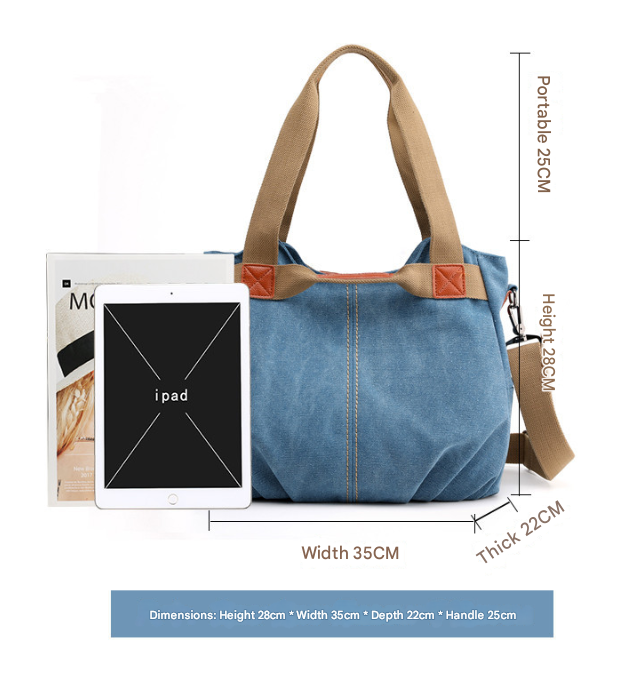 Dark Blue Women's Retro Canvas Tote Bag Large Capacity Shoulder Handbag Adjustable Crossbody Strap 35cm for Travel Work & Daily Use