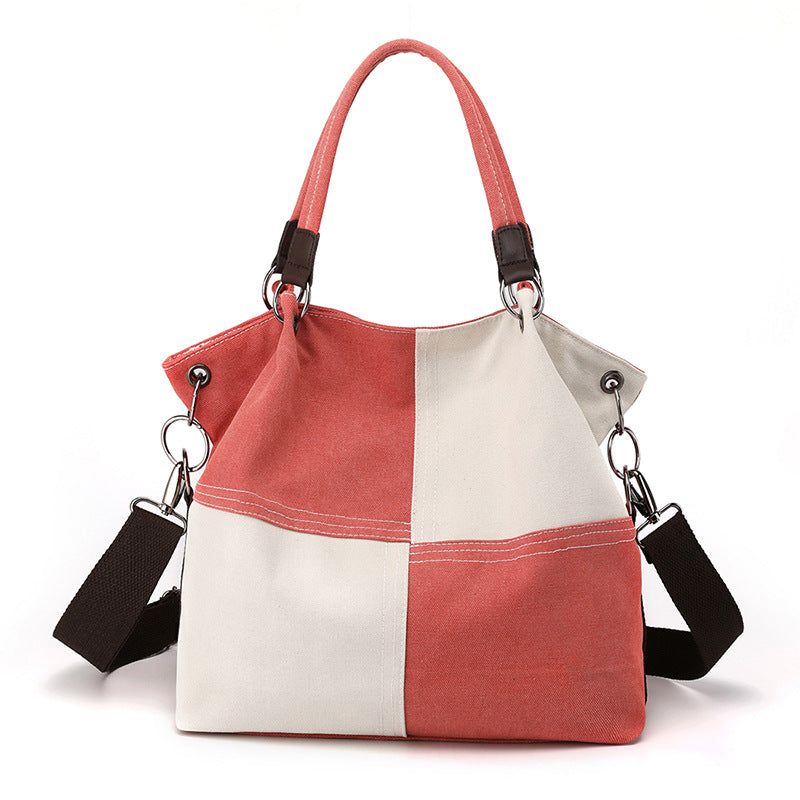 Red Women's Canvas Patchwork Tote Bag Large Capacity Shoulder Handbag Fits A4 Magazine Adjustable Crossbody Strap 34cm for Work & School