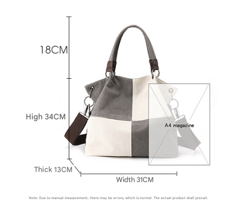 Grey Women's Canvas Patchwork Tote Bag Large Capacity Shoulder Handbag Fits A4 Magazine Adjustable Crossbody Strap 34cm for Work & School