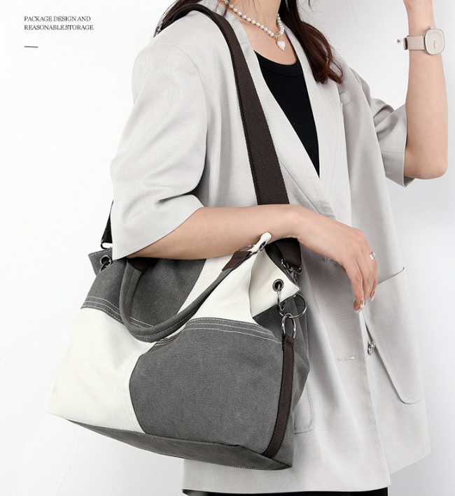 Grey Women's Canvas Patchwork Tote Bag Large Capacity Shoulder Handbag Fits A4 Magazine Adjustable Crossbody Strap 34cm for Work & School