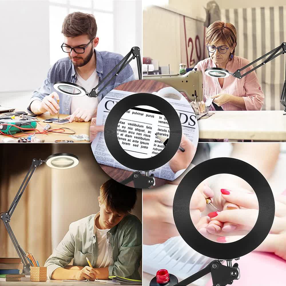 2-in-1 White LED Magnifier Desk Lamp With Base and Clip - Hands-Free, Dimmable 3-Color Light for Crafts & Workbench