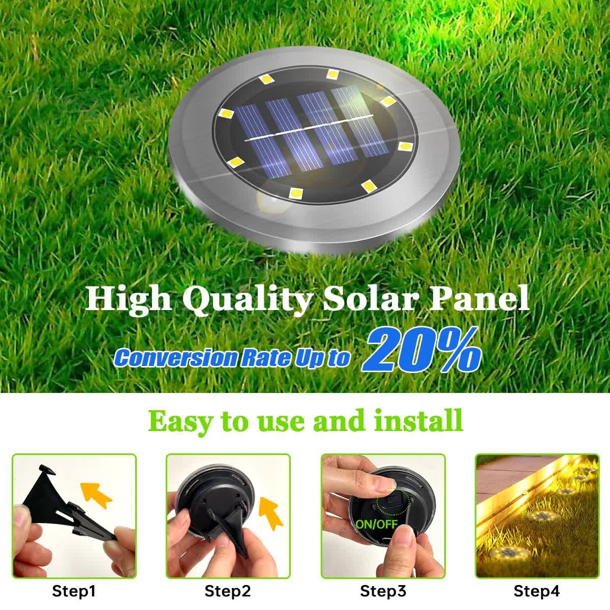 4-Pack Classic Large 8 LED Solar In-Ground Yellow Light Set (12  x 12  x 13 cm) - Stainless Steel Waterproof Garden Spike Lamps for Lawn & Pathway