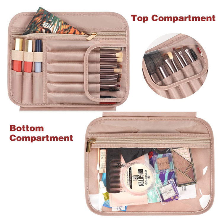 Pink Portable Large Hanging Womens' Luxury PU Leather Cosmetic Bag -  Waterproof Travel Toiletry Organizer , Easy Visibility & Durable