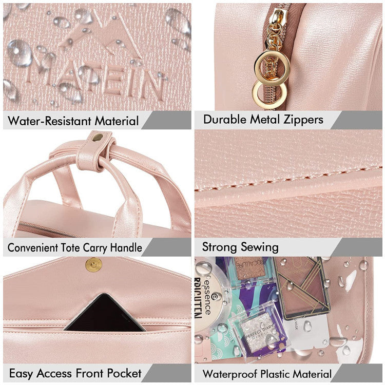 Pink Portable Large Hanging Womens' Luxury PU Leather Cosmetic Bag -  Waterproof Travel Toiletry Organizer , Easy Visibility & Durable