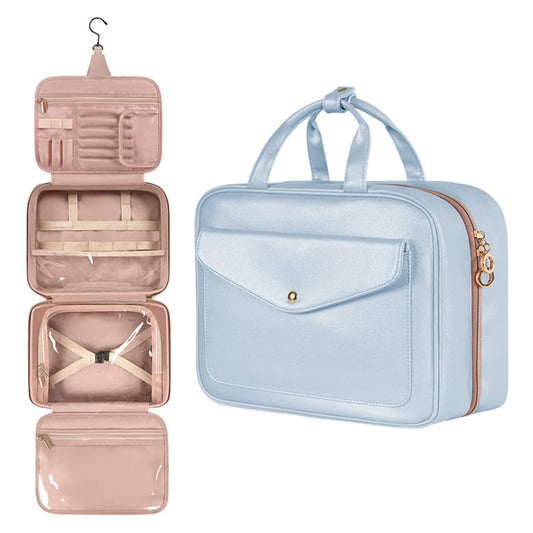 Blue Portable Large Hanging Womens' Luxury PU Leather Cosmetic Bag -  Waterproof Travel Toiletry Organizer , Easy Visibility & Durable