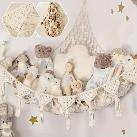 White Triangle Woven Plush Toy Corner Organizer (105x105x145cm)  with octagonal beads and installation kit - Hand-woven cotton mesh toy storage hammock