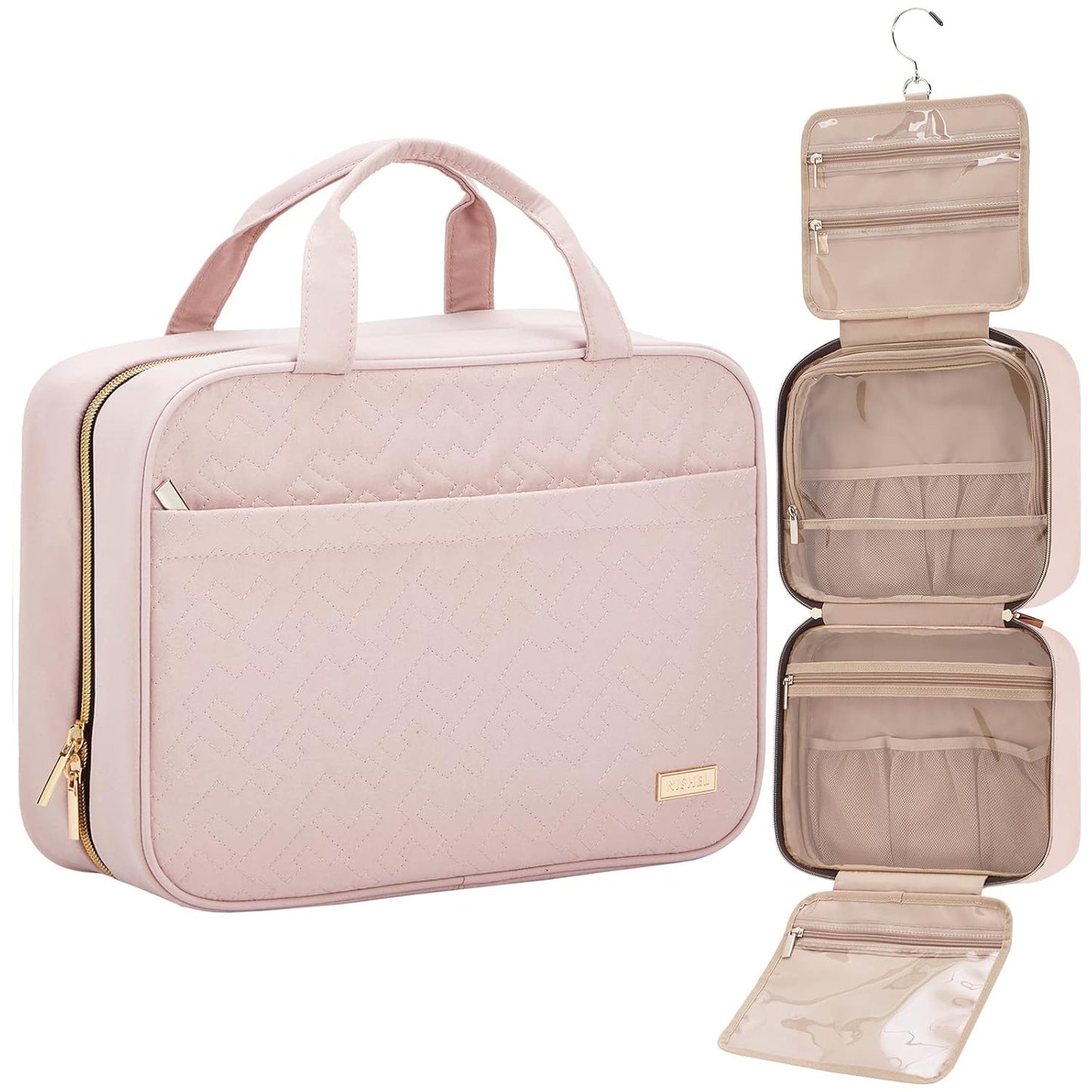 Pink Large Capacity Hanging Toiletry Bag for Women(30.5 x 22.5 x 12 cm) - Checked Pattern Waterproof Cosmetic Organizer, Dry/Wet Separation & Multi-Compartment
