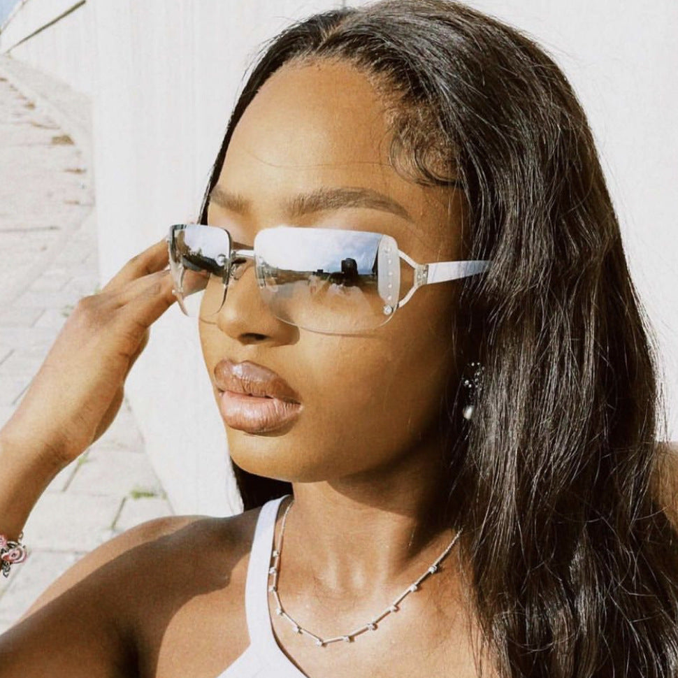 Y2K Rimless Butterfly UV400 Sunglasses for Women(White/Silver Mirror) - Bling Rhinestone Square Frameless, Sweet & Cool Fashion