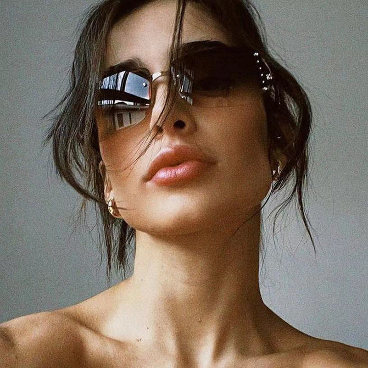 Y2K Rimless Butterfly UV400 Sunglasses for Women(Gold/Brown Gradient) - Bling Rhinestone Square Frameless, Sweet & Cool Fashion