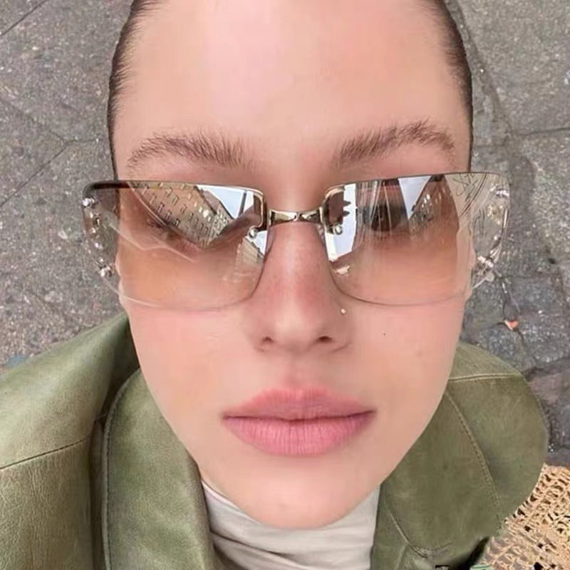Y2K Rimless Butterfly UV400 Sunglasses for Women(Orange) - Bling Rhinestone Square Frameless, Sweet & Cool Fashion