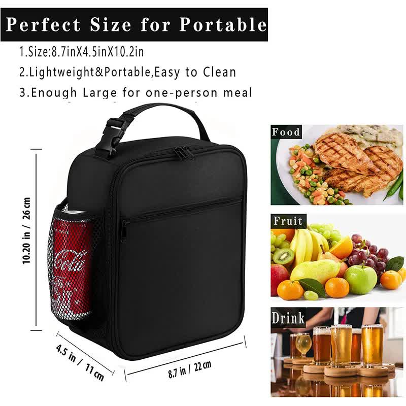Black Portable Insulated Lunch Bag - Oxford Cloth Handheld Meal Prep Tote, Large-Capacity Square Upright Design for School Office