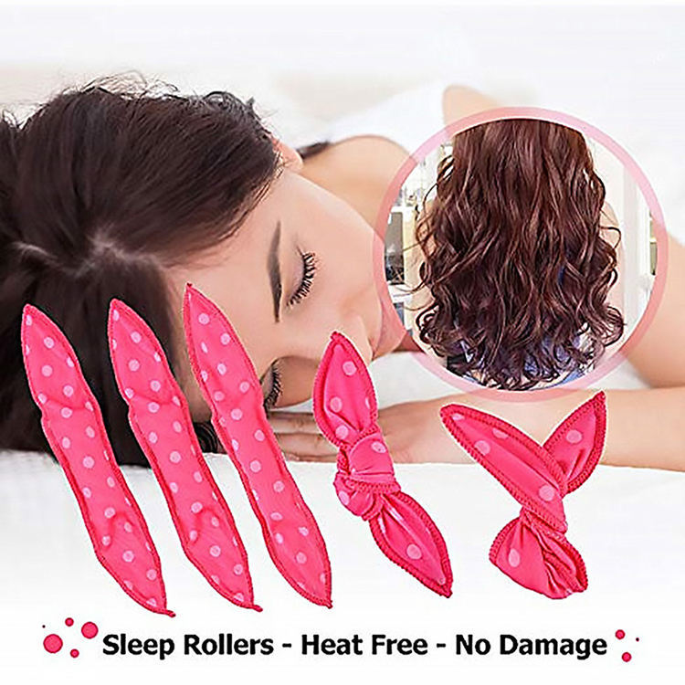 20-Pack Pink Polka Dot Bow Sponge Hair Rollers Set -  Soft Sleep Pillow Lazy No-Heat Curler for Heatless Loose Curls Hair Style