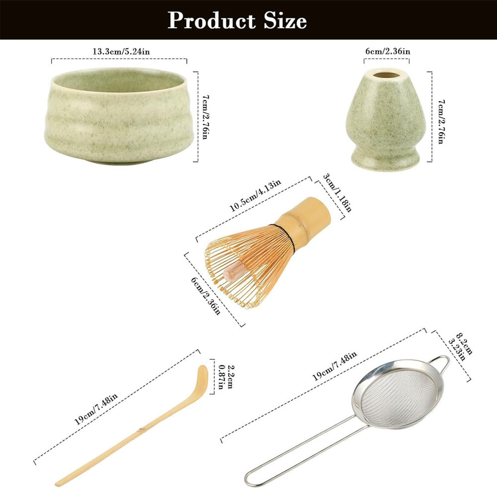 Gradient Green Ceremony 5-Piece Matcha Ceramic Tool Set - Gift Box with Whisk (Chasen), Whisk Holder (Chasen Kuse-Naoshi), Bowl, Sieve, and Scoop