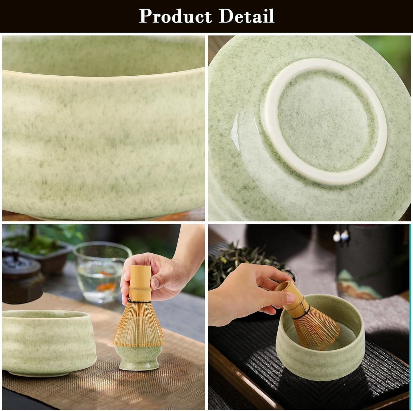 Green Ceremony 4-Piece Matcha Ceramic Tool Set - Gift Box with Whisk (Chasen), Whisk Holder (Chasen Kuse-Naoshi), Bowl, and Scoop