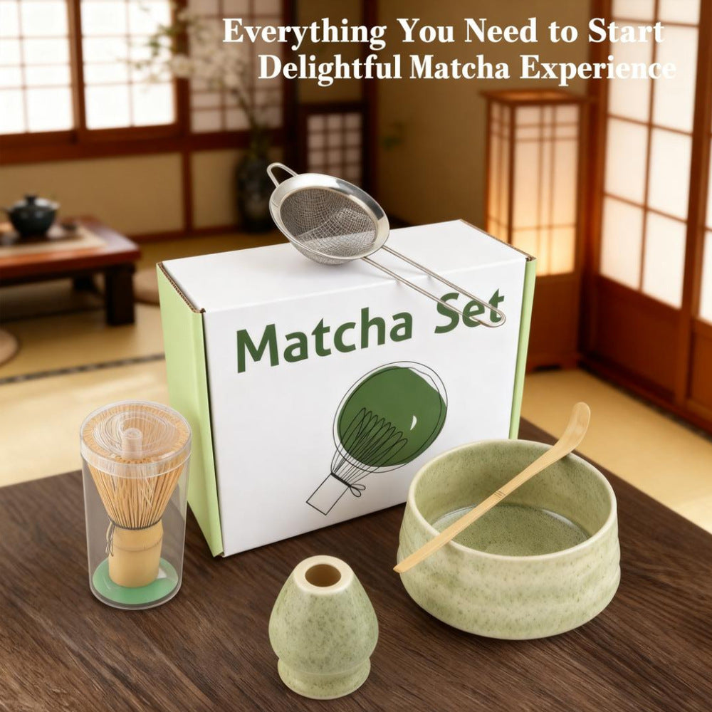 Green Ceremony 4-Piece Matcha Ceramic Tool Set - Gift Box with Whisk (Chasen), Whisk Holder (Chasen Kuse-Naoshi), Bowl, and Scoop