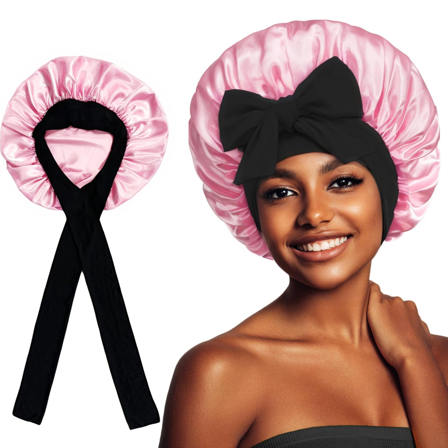 2-Pack Khaki Satin Bonnet with Wide Band and Bow Tie - Hair Care Sleep Cap and Turban for Women