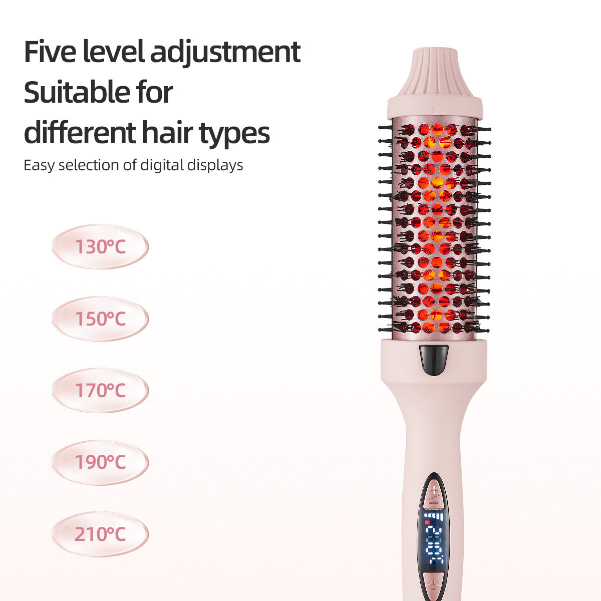2-in-1 Pink Volumizing Hair Straightening Brush & Curling Iron - Tourmaline Ceramic Heating, With 5 Adjustable Temperature Settings and Anti-Scald Shell