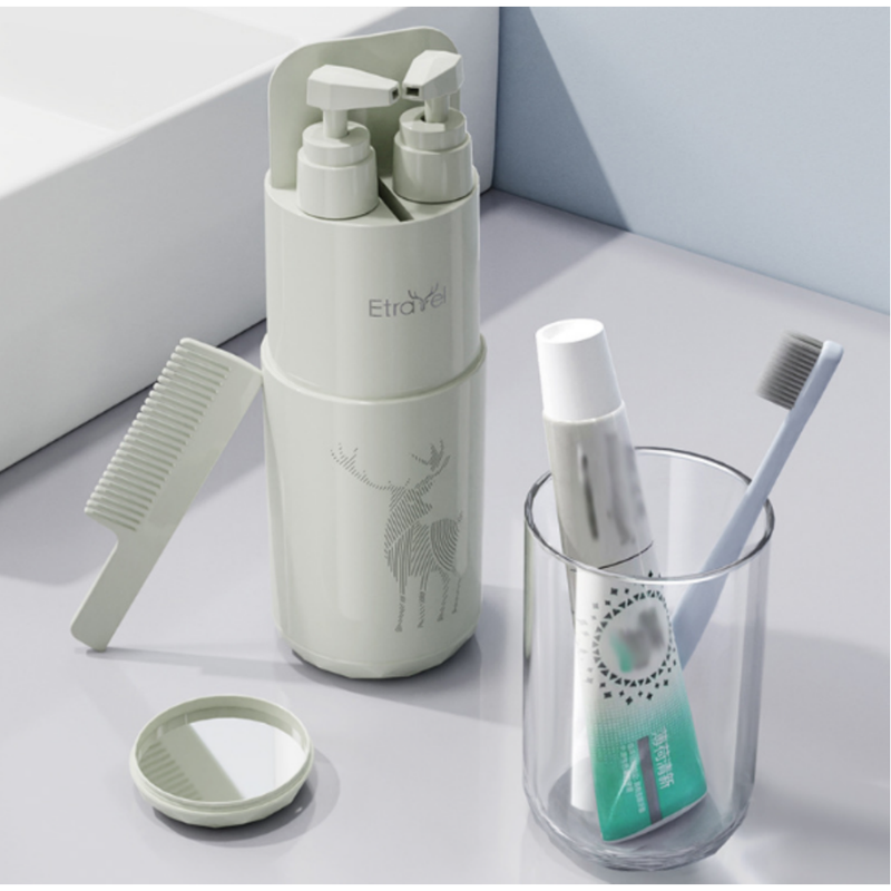Grey Deluxe 8-in-1 Travel Toiletry Set - Portable All-in-One Toothbrush Holder, Wash Cup, Towel and 2 * Refill Bottles for Travel & Camping