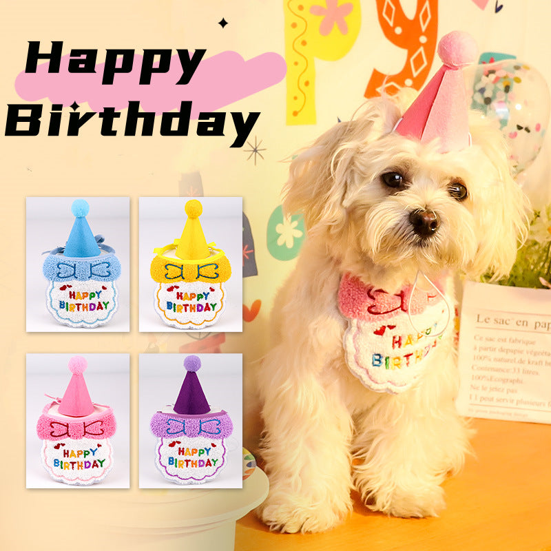 4-Pack Adorable Pet Dog Cat Birthday Party Hat & Bib Set(Yellow & Orange) - Embroidered Bandana Bib & Felt Party Hat, Adjustable Tie-On Dress-Up Accessories