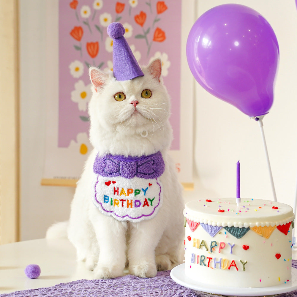 4-Pack Adorable Pet Dog Cat Birthday Party Hat & Bib Set(Purple & Dark-Blue) - Embroidered Bandana Bib & Felt Party Hat, Adjustable Tie-On Dress-Up Accessories