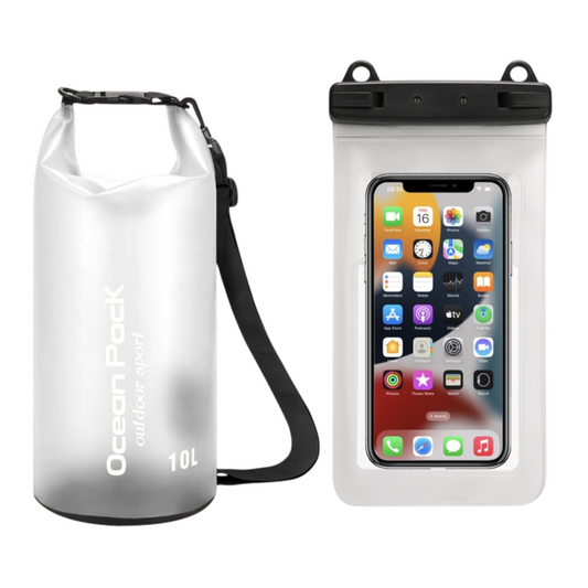 White 10L PVC Waterproof Swimming Bag Bonus with Waterproof Phone Pouch - Roll-Top Floating Dry Gear Bags for Beach, Kayaking & Outdoor Sports