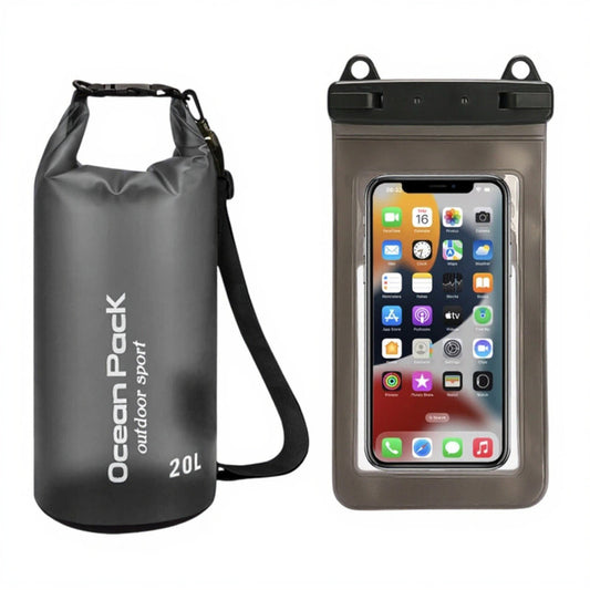 Black 20L PVC Waterproof Swimming Bag Bonus with Waterproof Phone Pouch - Roll-Top Floating Dry Gear Bags for Beach, Kayaking & Outdoor Sports