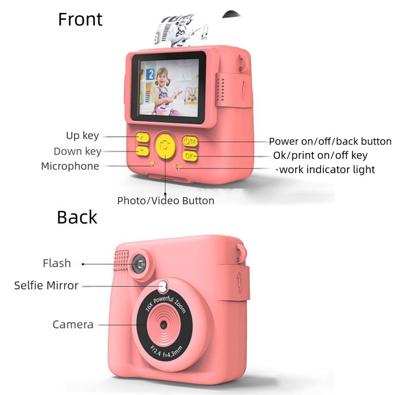 Blue ABS-681 Portable Kids Mini Digital Polaroid with 32GB Card,  3 Rolls Printing Paper & 6 Color Pens - Instant Print Thermal Photo Printer for DIY Fun