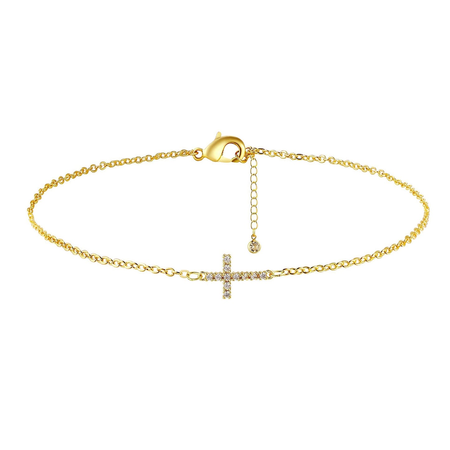 2-Pack Gold Plated Micro-Paved CZ Mini Cross Bracelet - Dainty Adjustable O-Chain Wrist Jewelry(16-21CM)