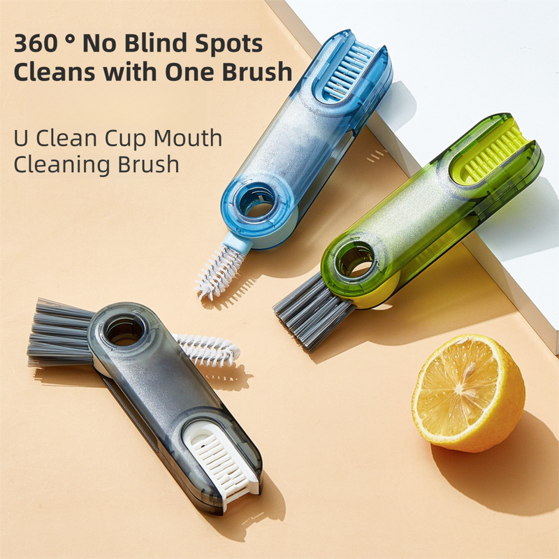 2-Packs 3-in-1 Grey Portable & Compact U-Shape Deeply-Cleaning Brush - Multi-Functional Gap Scrubber for Lids, Mugs, and Baby Bottles