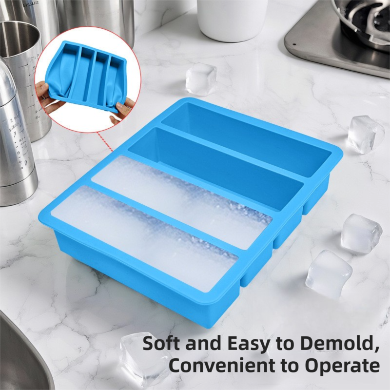 2-Packs Blue Flexible 4-Grid Silicone Long Ice Cube Tray with Lid - Easy Release Reusable Mold for Narrow Bottles & Cocktails