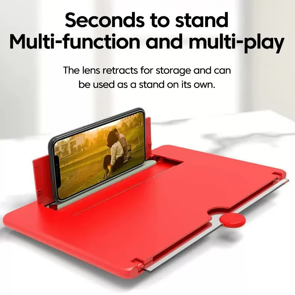 Red 10-Inch Ultra-Clear Portable Retractable HD Mobile Phone Screen Magnifier - Eye Protection Fresnel Lens Projector, with Built-in Phone Holder & Adjustable Base