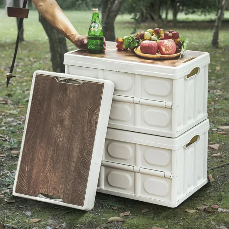 White Collapsible Medium Handle Storage Box with Wooden Table Top(42x28x23CM) - Car Trunk Organiser for Australian Camping & Home Use