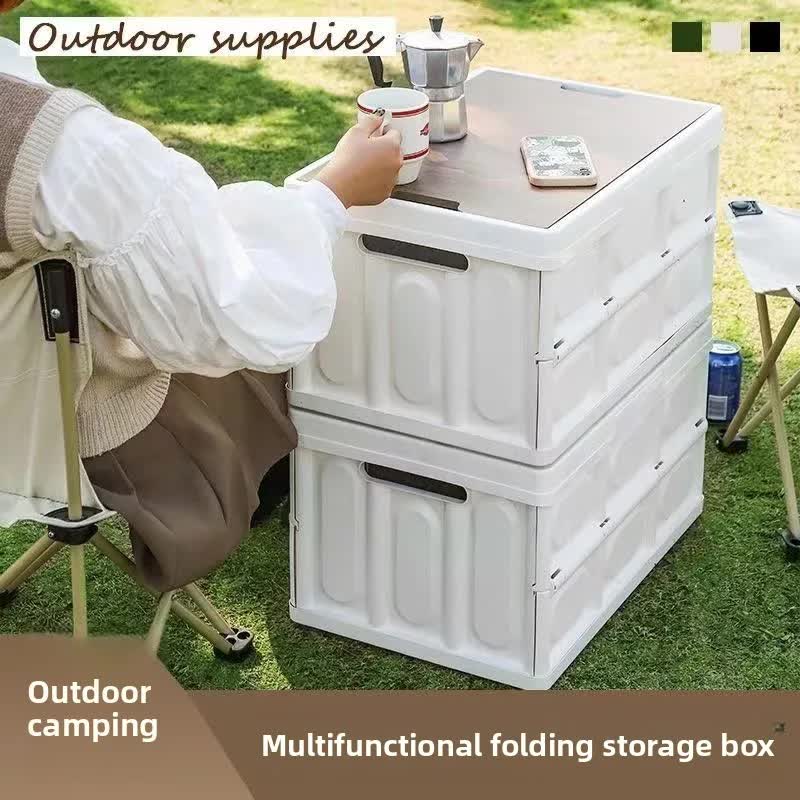 Green Collapsible Medium Handle Storage Box with Wooden Table Top(42x28x23CM) - Car Trunk Organiser for Australian Camping & Home Use