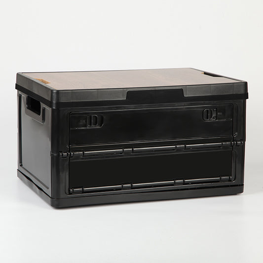 Black Collapsible Medium Side-Open Storage Box with Wooden Table Top(42x28x23CM) - Car Trunk Organiser for Australian Camping & Home Use