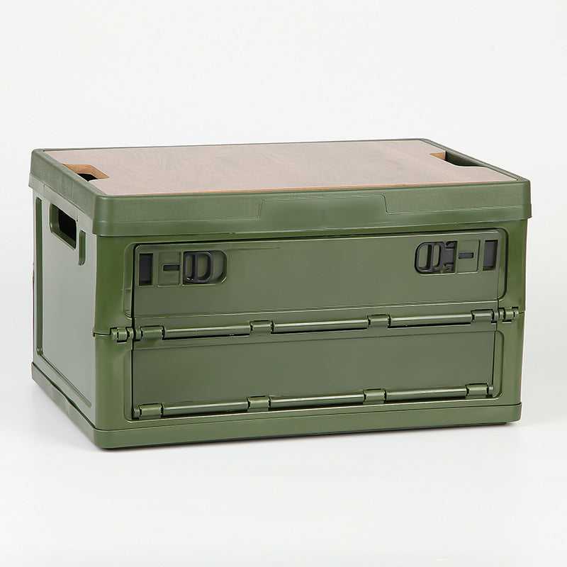 Green Collapsible Medium Side-Open Storage Box with Wooden Table Top(42x28x23CM) - Car Trunk Organiser for Australian Camping & Home Use